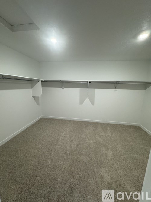 A room with a carpeted floor and a wall-mounted coat rack.