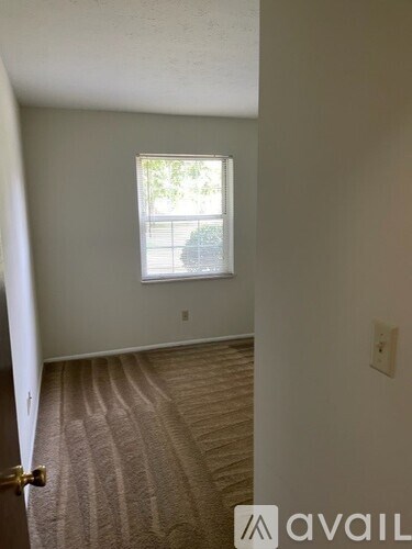 A room with a carpeted floor and a window.
