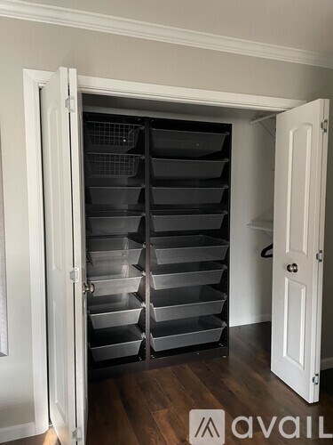 A white door is open to reveal a set of grey drawers.