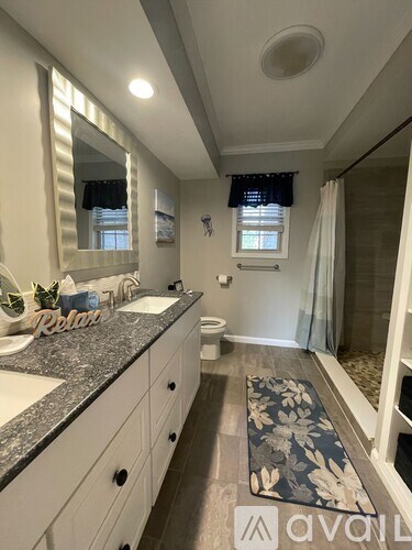 A bathroom with a granite countertop and a large mirror.