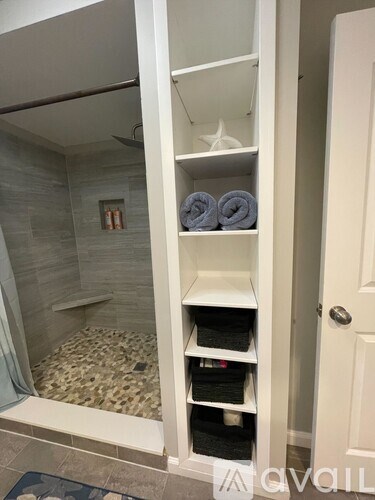 A bathroom with a walk-in shower and a white cabinet with shelves.