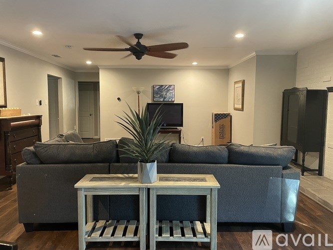 A living room with a grey couch, a wooden coffee table, and a ceiling fan.
