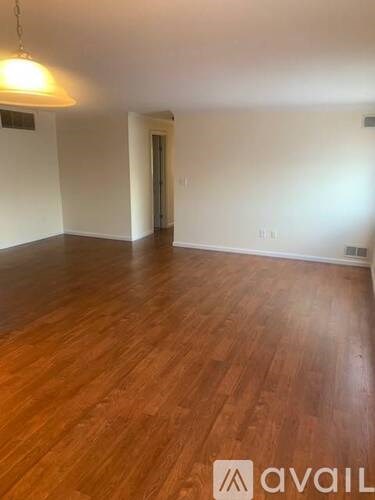 A room with wooden flooring and a hanging light fixture.