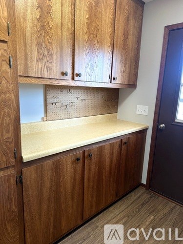 A kitchen with wooden cabinets and a countertop.