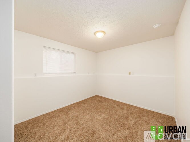 A room with a carpeted floor and a window.