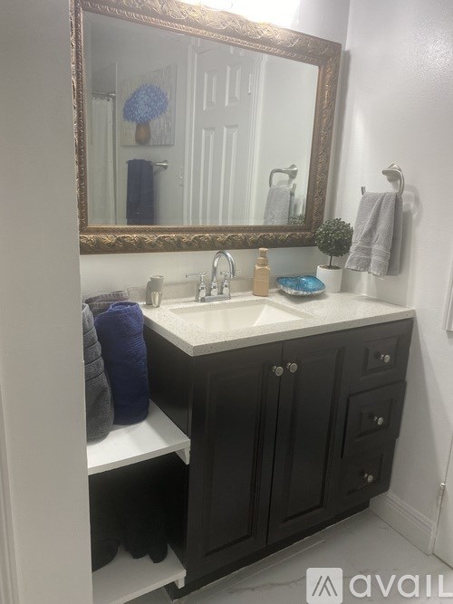 A bathroom with a white sink and a mirror above it.