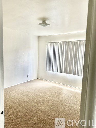 A room with a carpeted floor and a window with blinds.