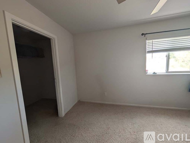A room with a carpeted floor, a window with blinds, and a ceiling fan.