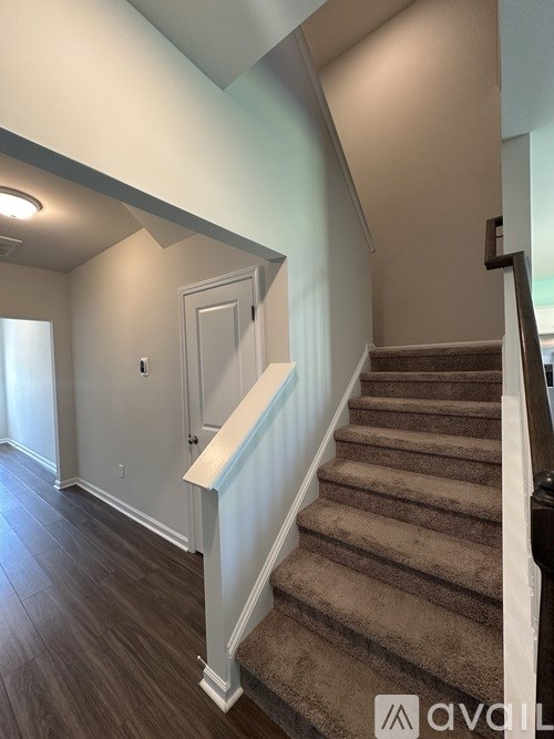 A staircase with a carpeted runner and wooden steps.