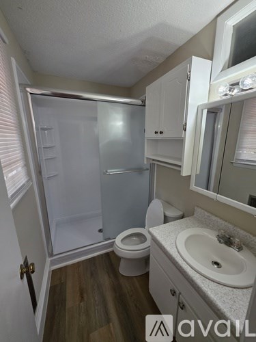 A bathroom with a toilet, sink, and shower.