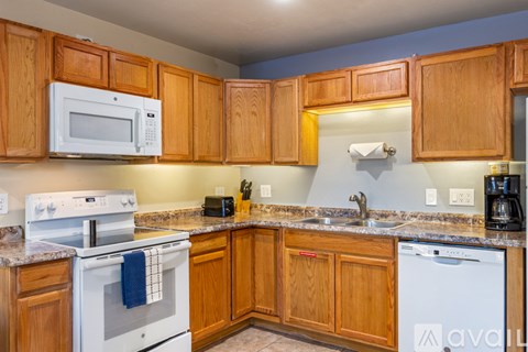 A kitchen with wooden cabinets and a white microwave above the stove.