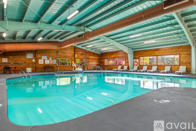 A large indoor swimming pool with a wooden wall and ceiling.