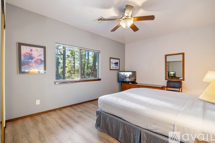A bedroom with a bed, a ceiling fan, and a window with a view of trees.