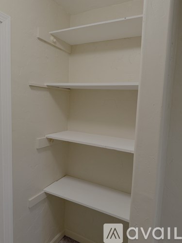 Empty white shelves in a room.