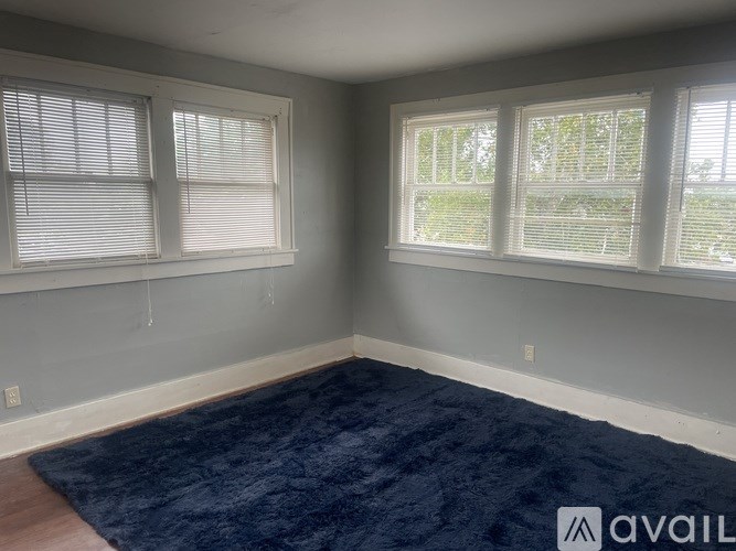 A room with a blue rug and two windows with blinds.