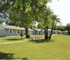 A grassy area with a picnic table and trees in front of a building.
