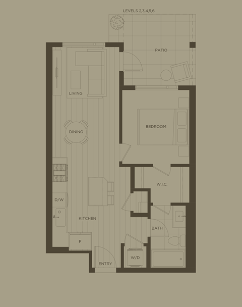 A floor plan of a two-bedroom apartment with a living room, dining room, kitchen, bathroom, and entry.