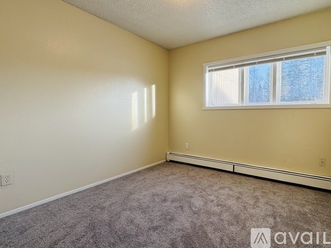 A room with a window and carpeted floor.
