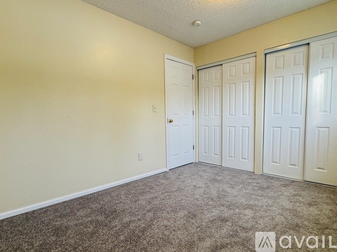 A room with a carpeted floor and two white doors.
