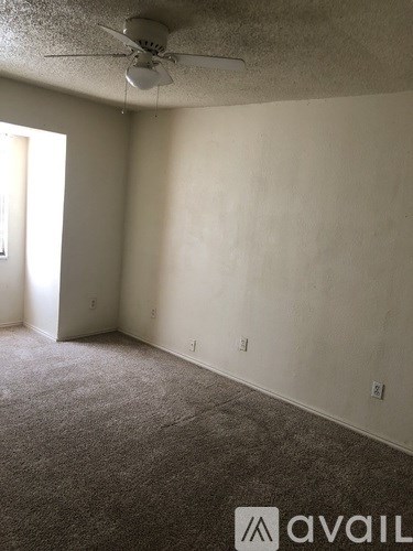 A room with a carpeted floor and a ceiling fan.