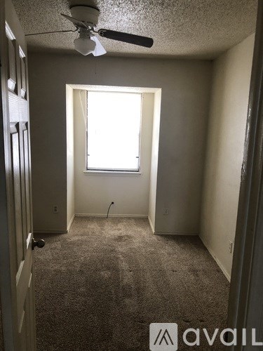 A room with a carpeted floor, a ceiling fan, and a window.