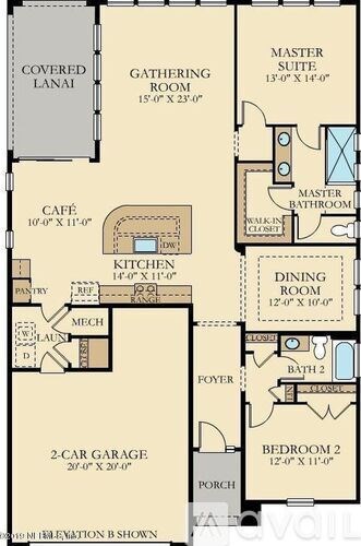 A floor plan of a house with a master suite, two bedrooms, a garage, and a dining room.
