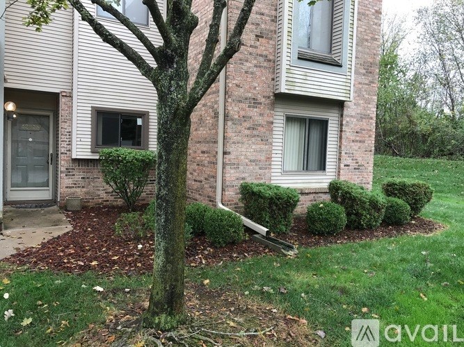 A tree in front of a brick building with bushes around it.