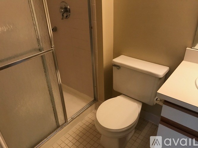 A white toilet sits next to a walk-in shower in a bathroom.