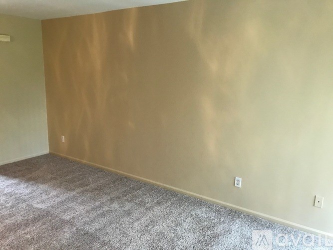 A room with a carpeted floor and a wall.