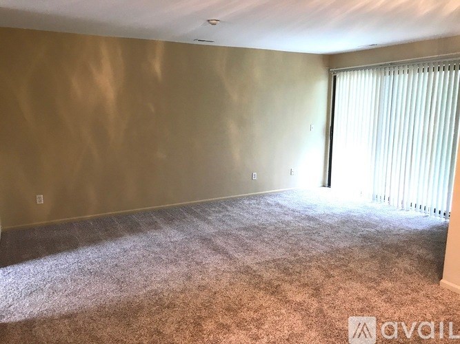 A room with a carpeted floor and a window with blinds.