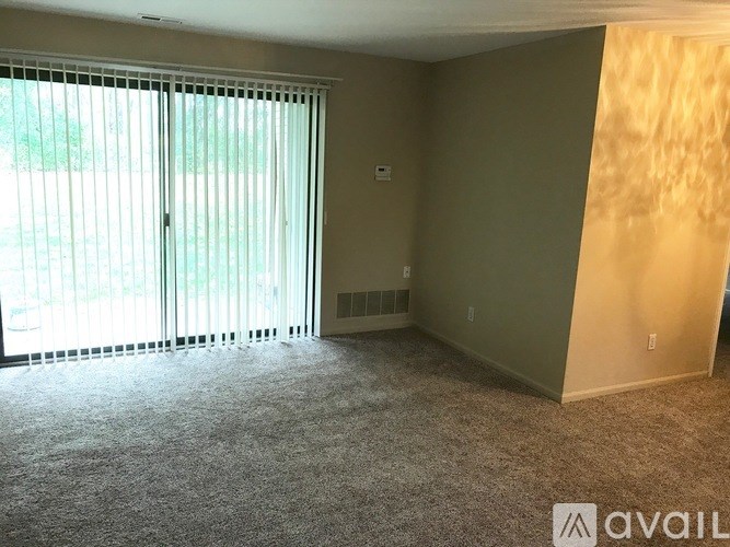 A room with a carpeted floor, a window with blinds, and a wall with a switch.