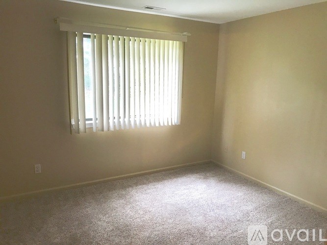 A room with a carpeted floor and a window with blinds.