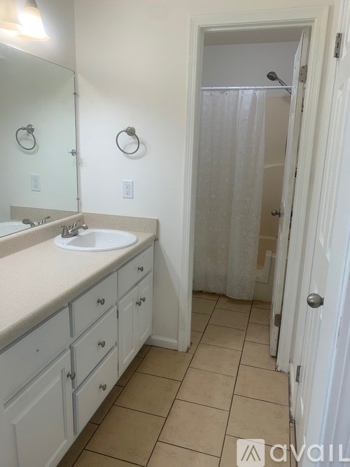 A bathroom with a sink, mirror, and a shower with a white curtain.