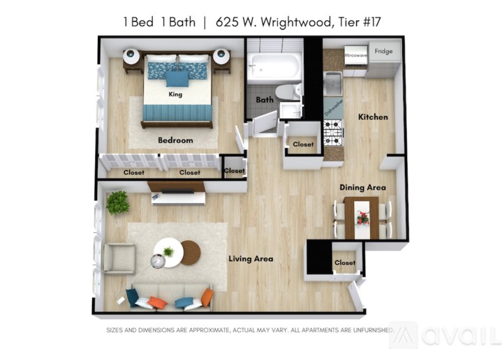 A floor plan of a 1 bedroom apartment with a living area, bedroom, kitchen, and bathroom.