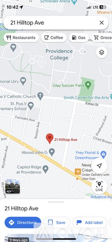 A map application is open, showing a location at 21 Hilltop Ave.