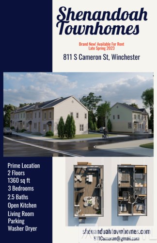 A real estate advertisement for a 2-story townhouse with a living room, open kitchen, and parking.