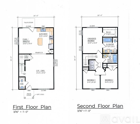 A floor plan of a two-story house with a first and second floor plan.