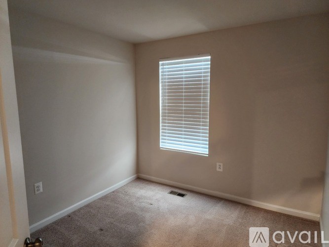A room with a window covered by blinds and a carpet on the floor.
