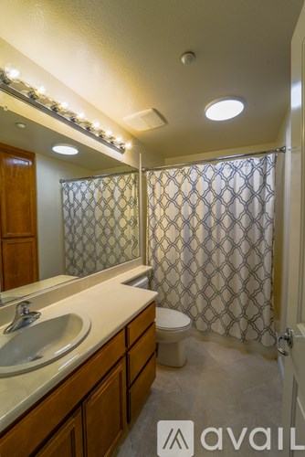 A bathroom with a sink, toilet, and shower.