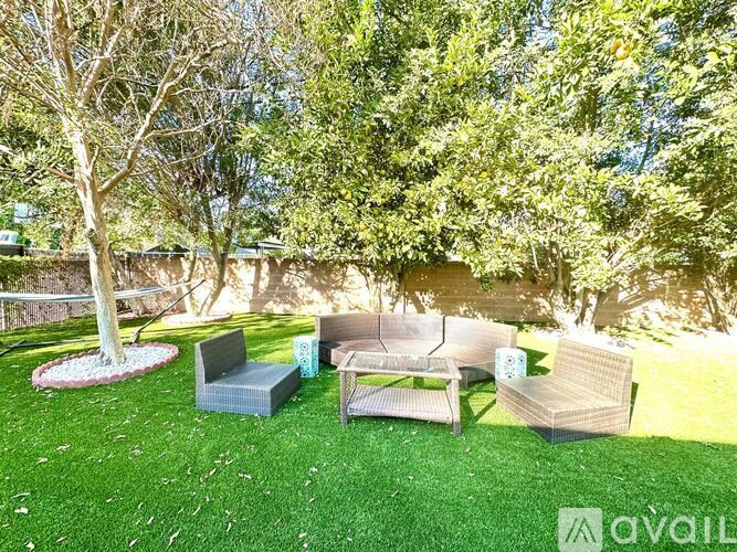 A backyard with a lawn, a tree, and a set of outdoor furniture.