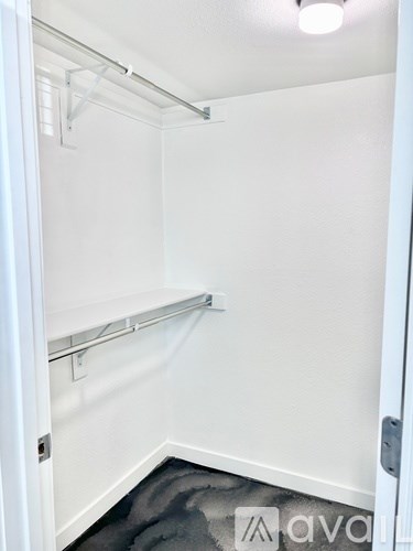 A white closet with a grey carpet and a light on.