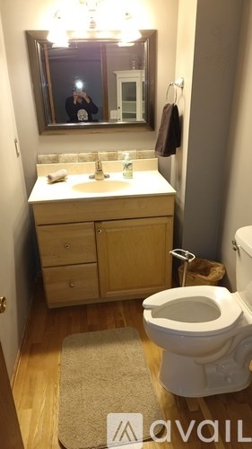 A bathroom with a toilet, sink, mirror, and cabinet.