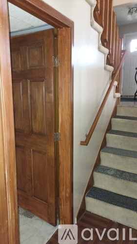 A wooden door is open to a staircase.