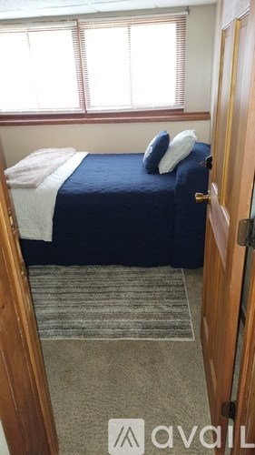 A bedroom with a bed, pillows, and a carpet.