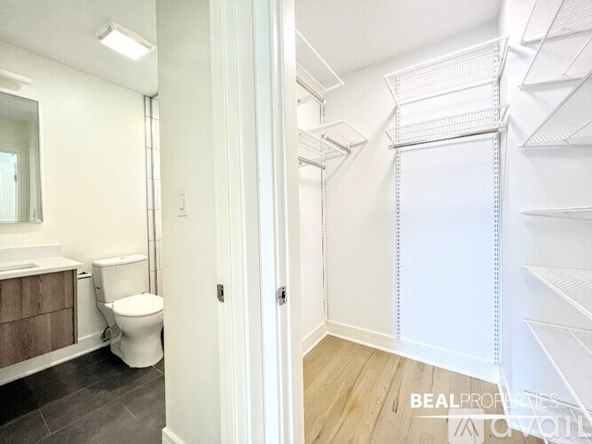 A white bathroom with a toilet and a walk-in closet.