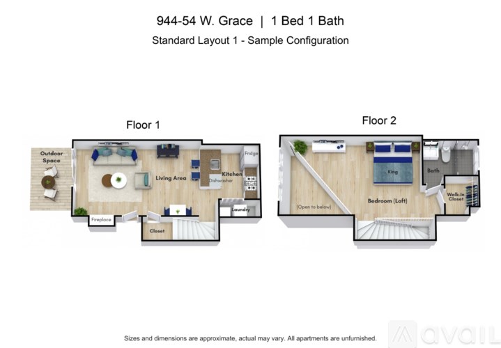 A floor plan for a 1 Bed 1 Bath apartment at 944-54 W. Grace.
