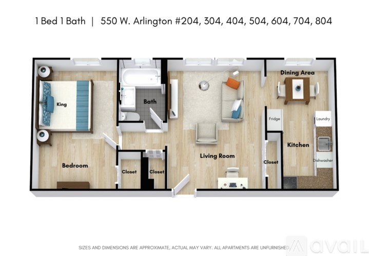 A floor plan of a 1 Bed 1 Bath apartment.