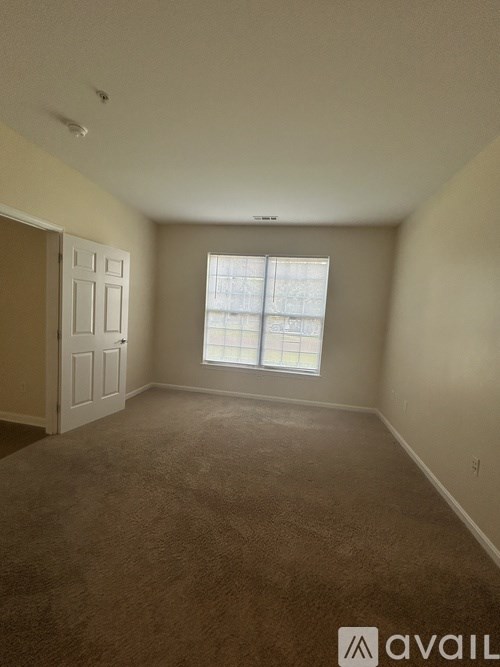 A carpeted room with a window and a door.