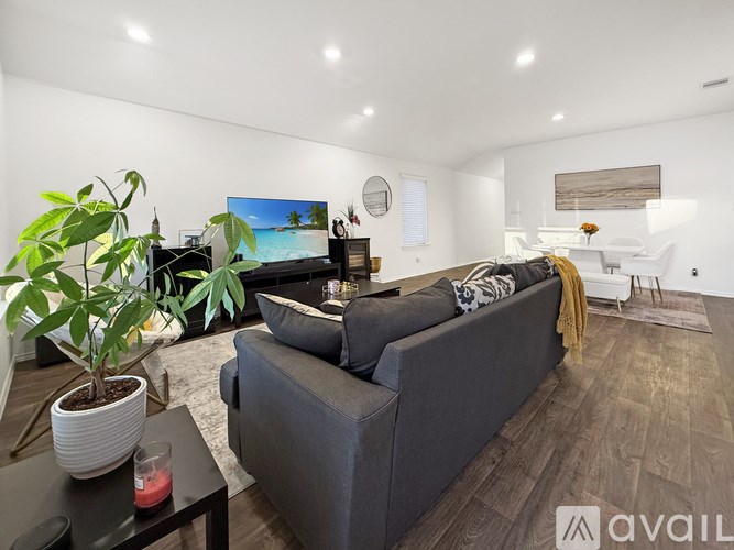 A living room with a grey couch, a television, and a potted plant.