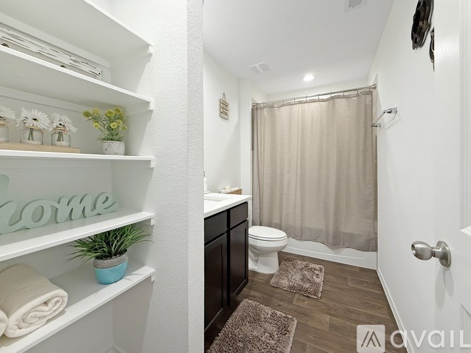 A bathroom with a toilet, a shower curtain, and a rug on the floor.